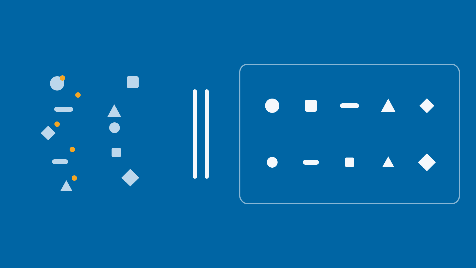 Diagram: ten varied steel-blue marks stand for the named coverages a contract might require. They pass through a white gate at centre, the specialist review, and settle on the right as white marks in one orderly grid inside a thin white frame: many named requirements, one coordinated insurance program.
