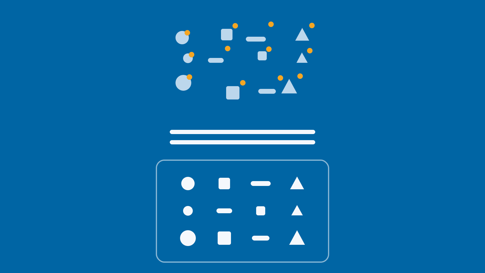 Diagram: twelve varied steel-blue marks, each carrying a small amber exposure dot, stand for businesses of many kinds. They fall through a white gate, the specialist review, and land in one orderly white arrangement inside a thin white frame, the amber gone: every business carries cyber exposure, and one review brings them all into coverage.