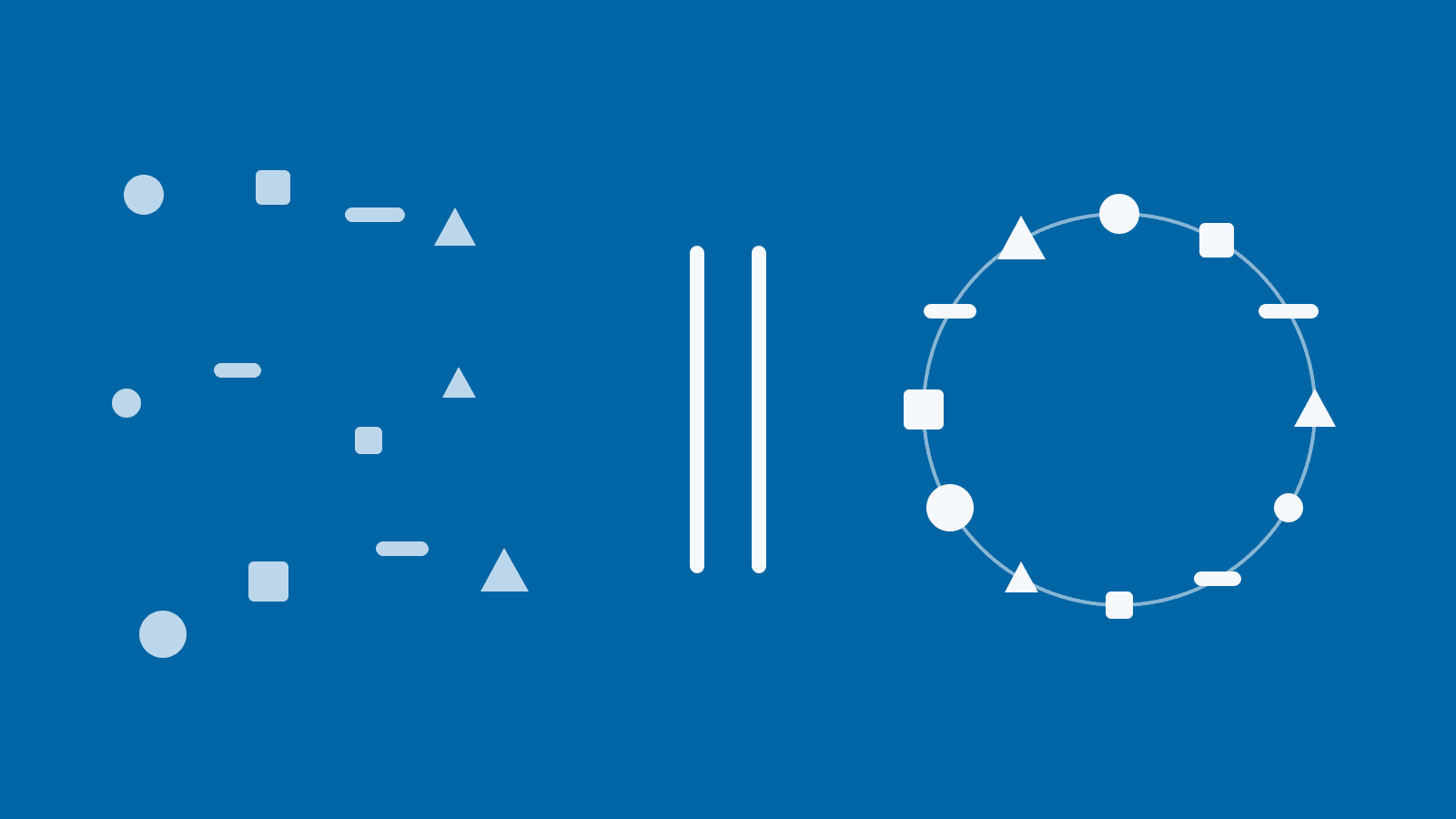 Diagram: twelve varied steel-blue marks scatter on the left, the many roles of one technology company. They pass through a white gate at centre and emerge on the right as white marks arranged in one coherent ring: many roles, one business, one insurance picture that reflects all of them.